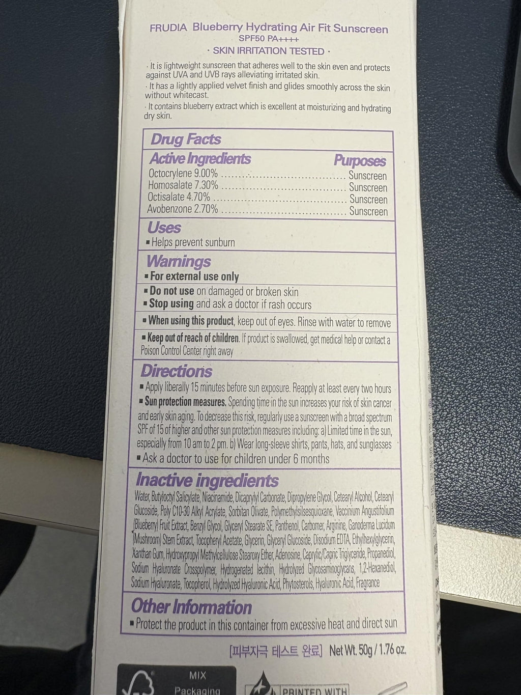 Frudia Blueberry Hydrating Air Fit Sunscreen SPF 50+ (50ml)