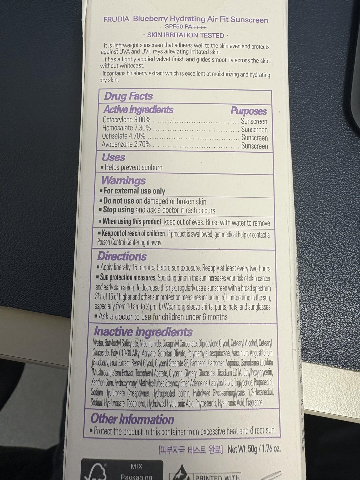 Frudia Blueberry Hydrating Air Fit Sunscreen SPF 50+ (50ml)